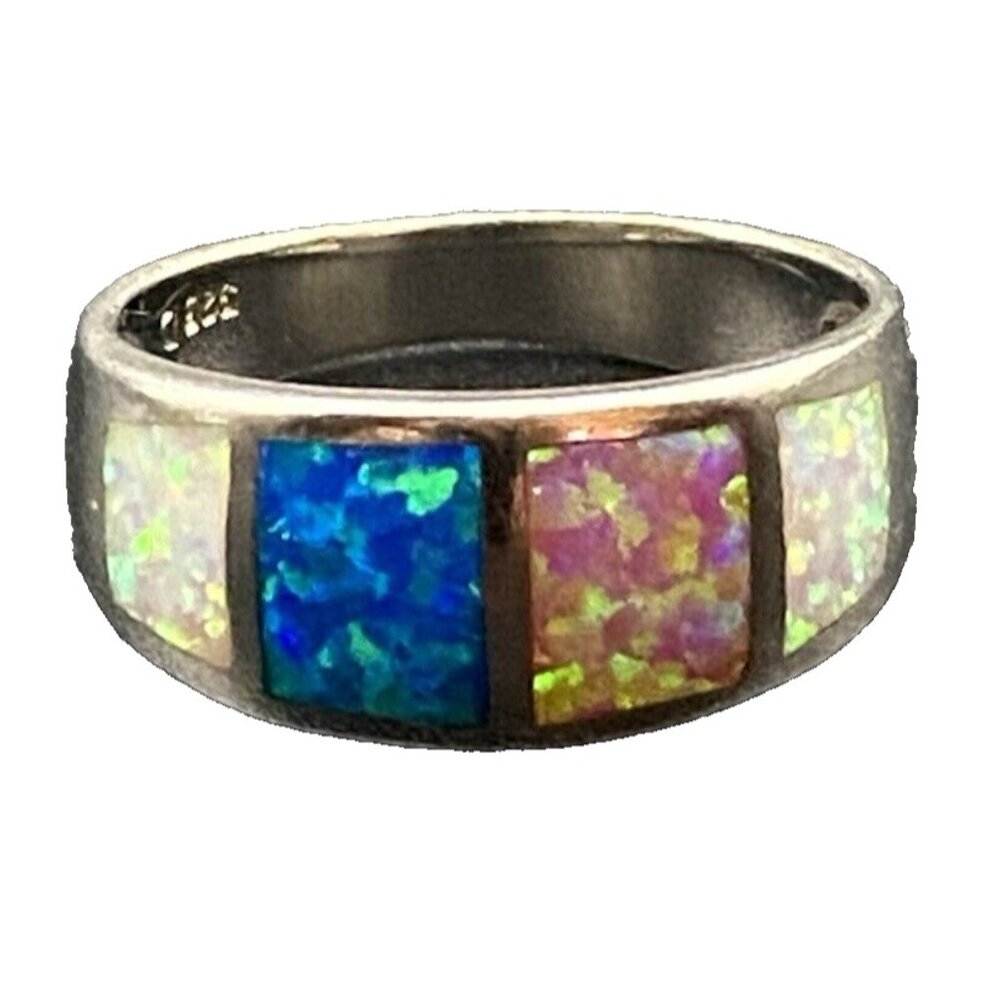 Genuine Blue Pink Opal Ring Wide 4 Windows Ster Silver 925 3.8g Unisex Sz 8.75 - Picture 1 of 13